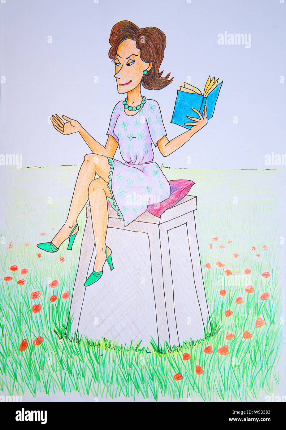 Mature woman sitting on a pedestal, holding a book. Illustration. Stock Photo