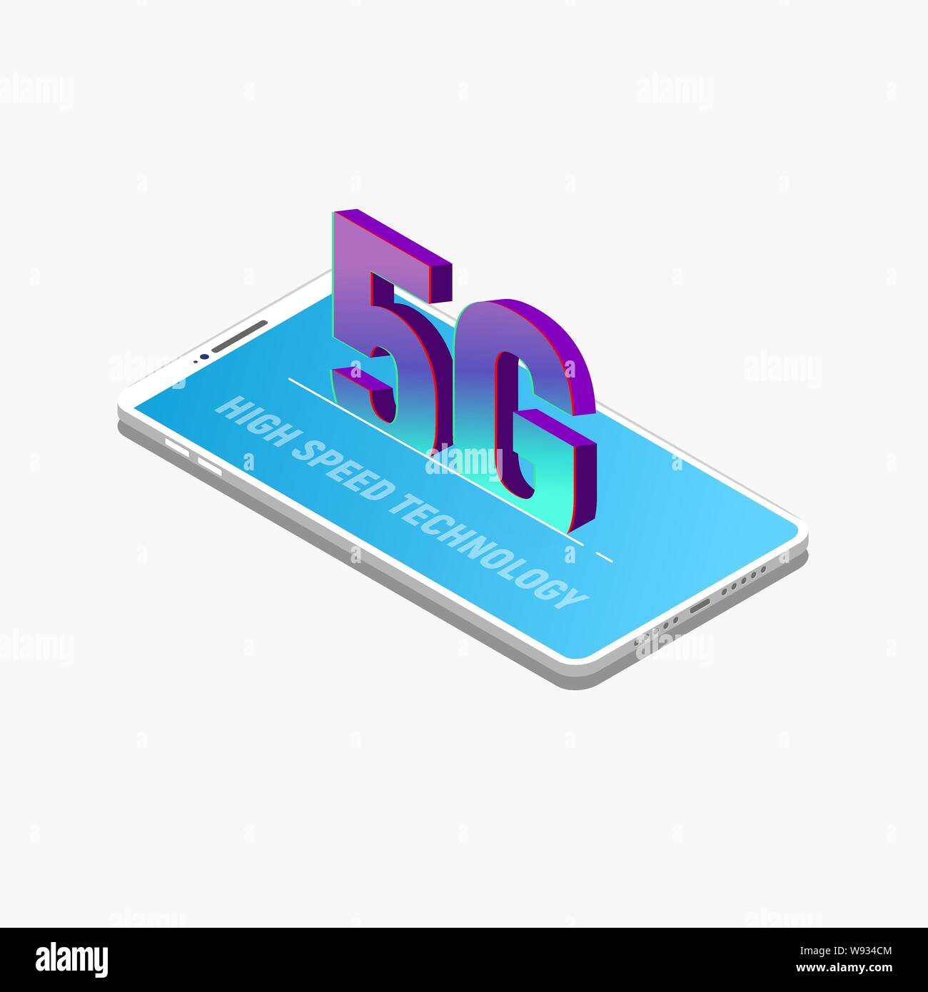 Isometric mobile phone and 5G network. Fast and new fifth network technology banner. 3D isometric modern mobile phone. Smartphone with 3D letters insi Stock Vector
