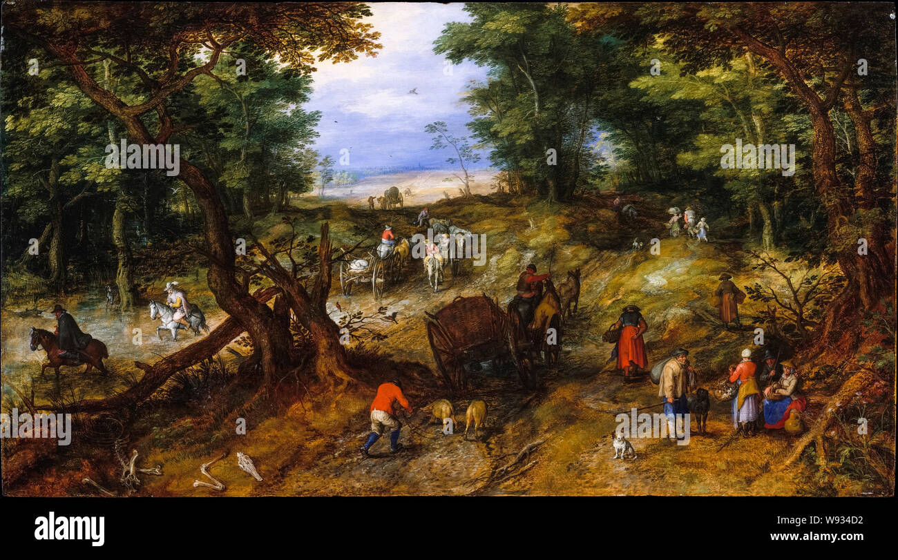 Jan Brueghel the Elder, A Woodland Road with Travelers, painting, 1607 Stock Photo