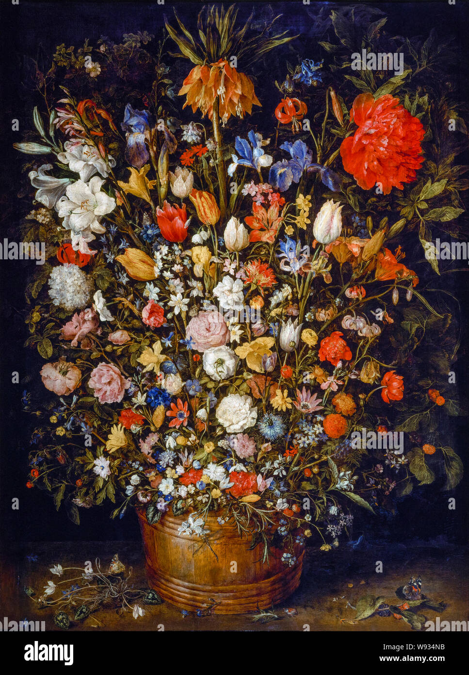 Jan Brueghel the Elder, still life painting, Flowers in a Wooden Vessel, 1606-1607 Stock Photo