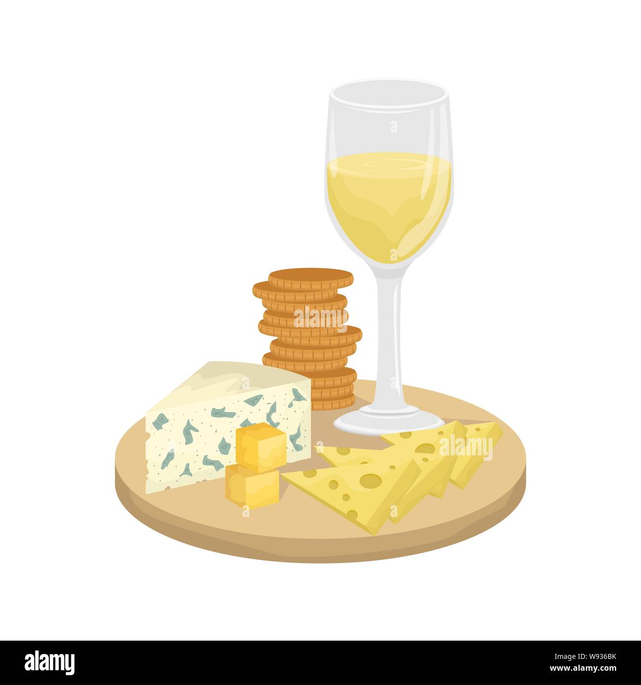 A glass of white wine, cheese platter on a wooden Board with crackers. Maasdam, Gouda, Roquefort. Vector illustration. Stock Vector