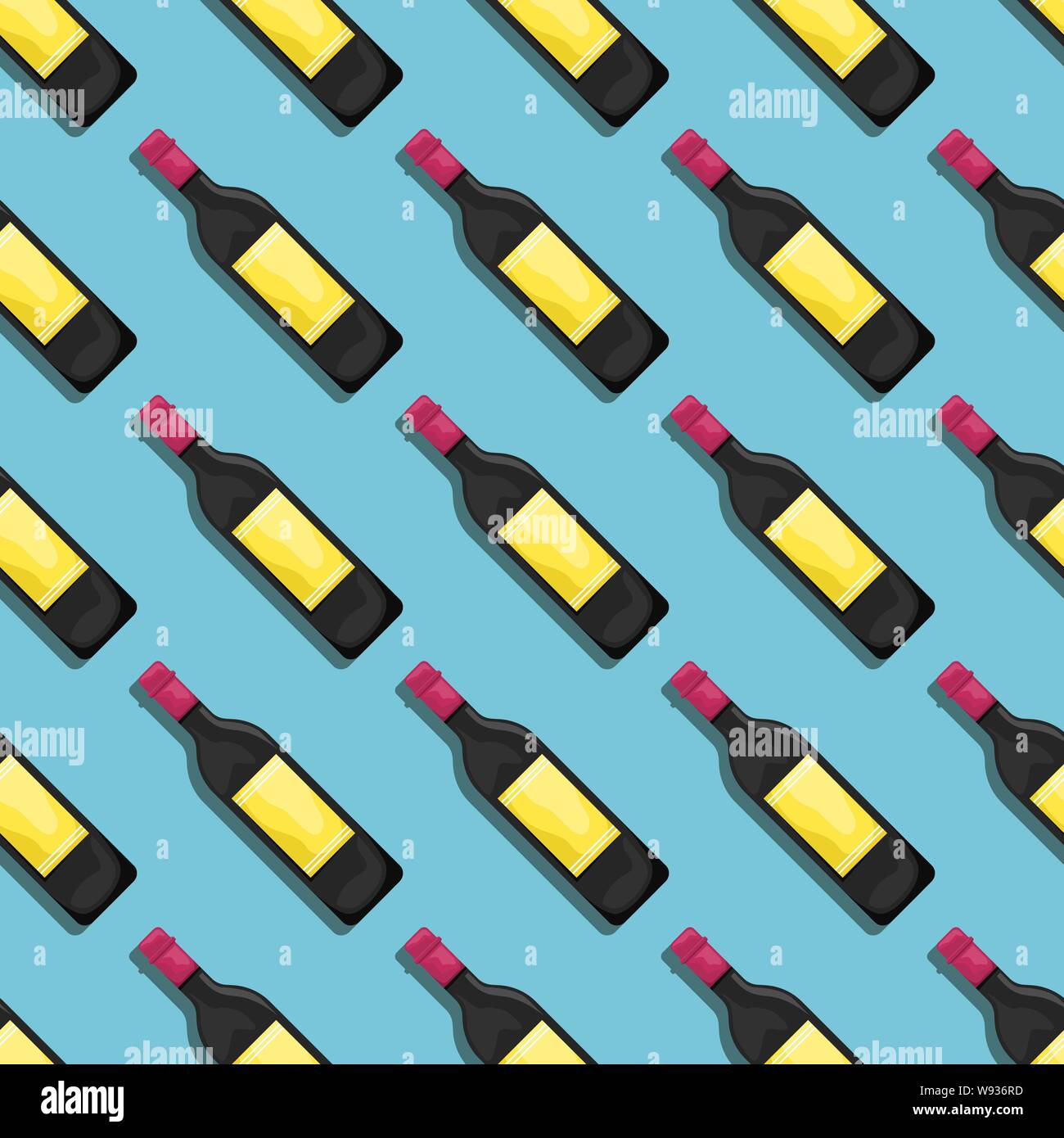 Seamless pattern with red wine bottles with shadows on a blue ...