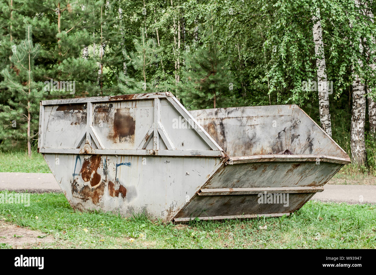 Dumpster in park. One garbage in forest on the grass Stock Photo