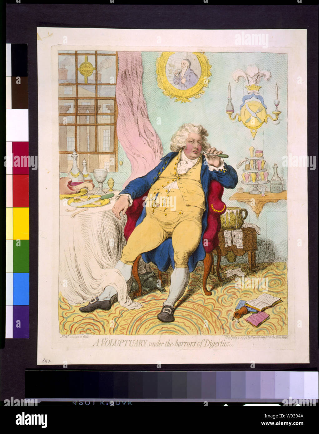A  voluptuary under the horrors of digestion Abstract: Caricature of George IV as the Prince of Wales, languid with repletion, leaning back in an arm-chair, at a table covered with remains of a meal, holding a fork to his mouth. His waistcoat is held together by a single button across his distended stomach. Stock Photo