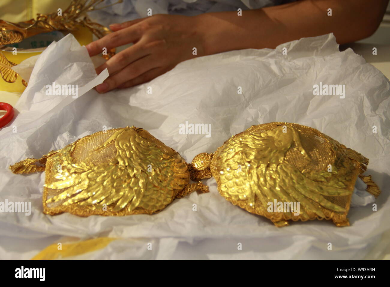 View of a golden bra which made of 960 grams of gold during an