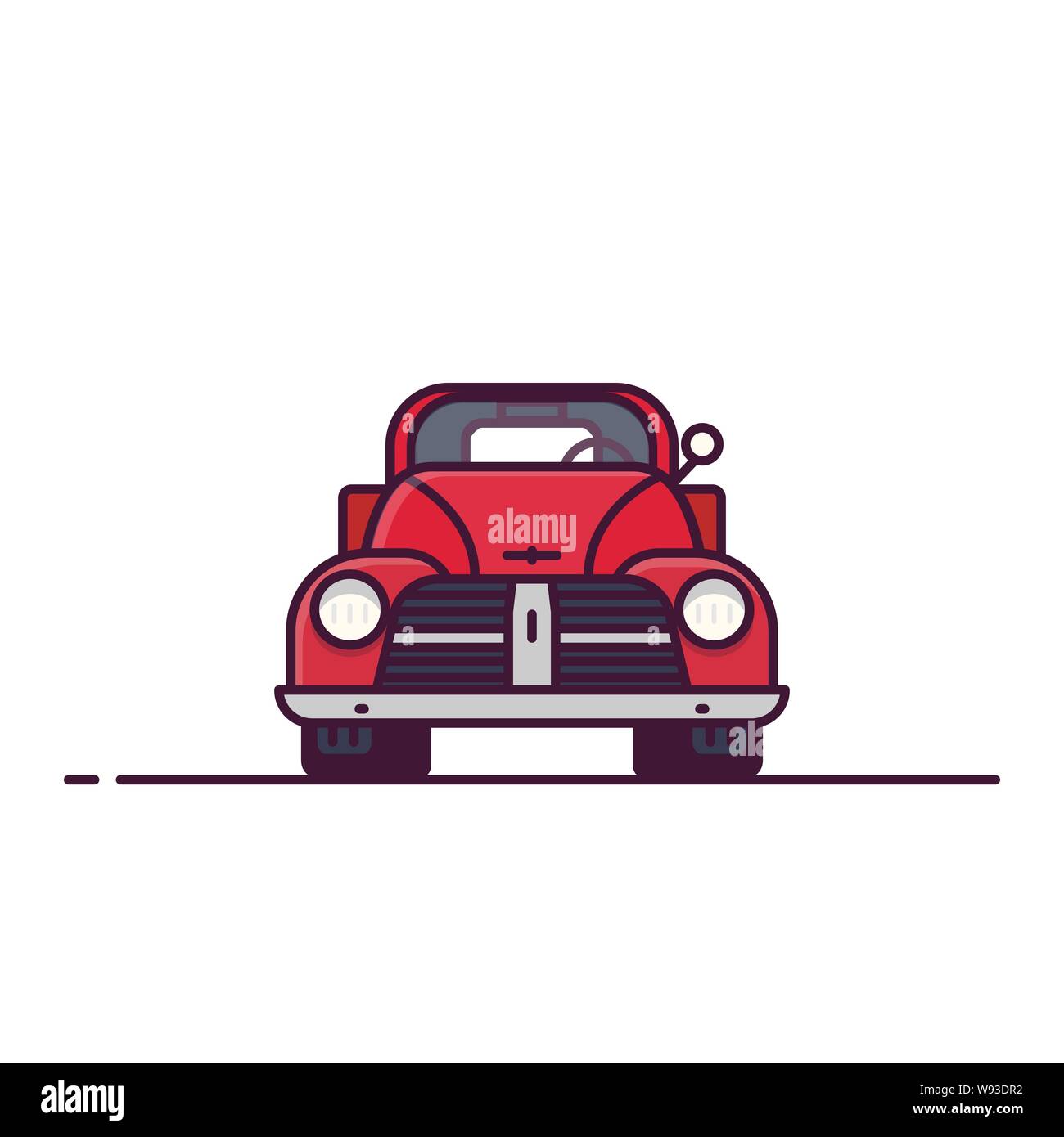 Front view of retro pickup. Line style vector illustration. Off road and pick up delivery retro vehicle banner. Offroad old car from front view. Class Stock Vector