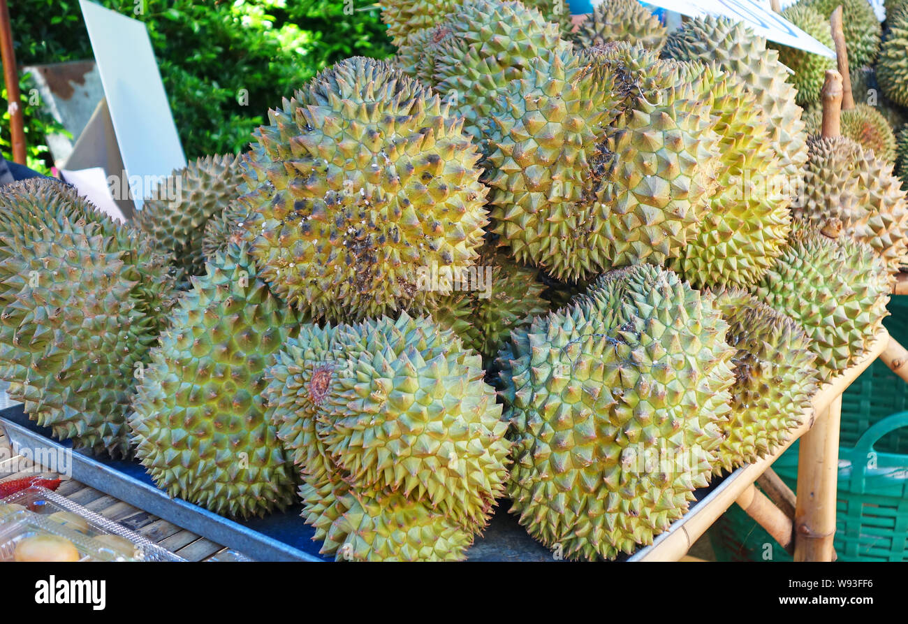 Durian Fruit On Market Shelf in thailand market Stock Photo