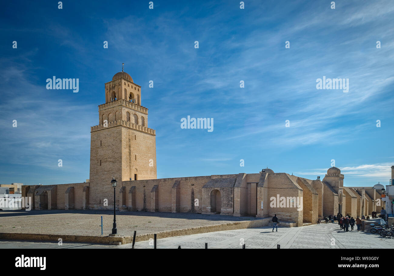 The grand mosque on Kairouan or Mosque of Uqba, situated in the UNESCO World Heritage town of Kairouan, Tunisia Stock Photo