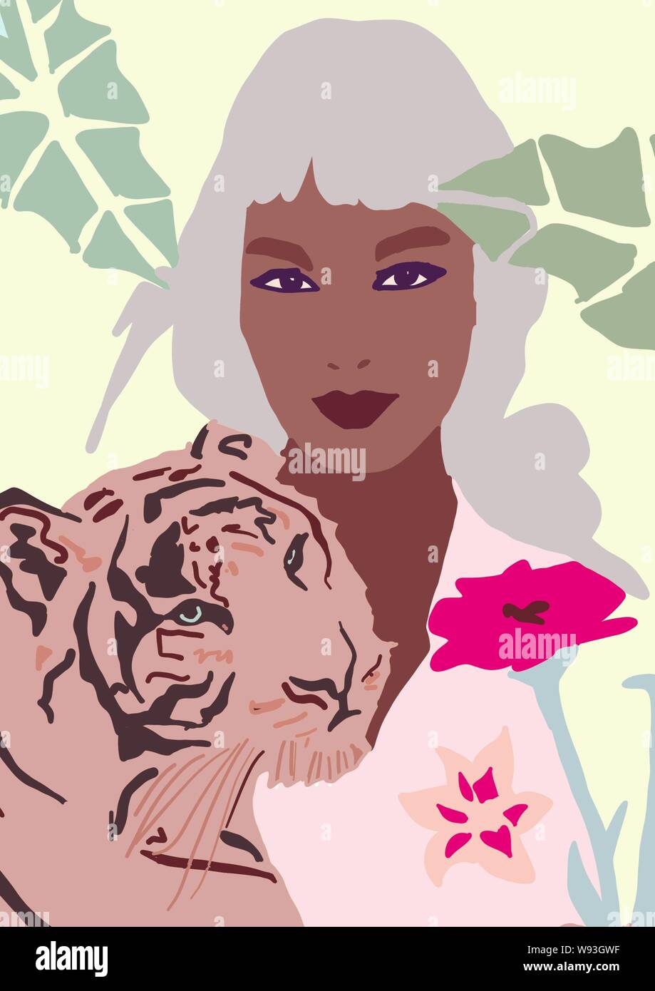 Illustration of biracial or multiracial trendy fashion girl. woman with brown skin having fun