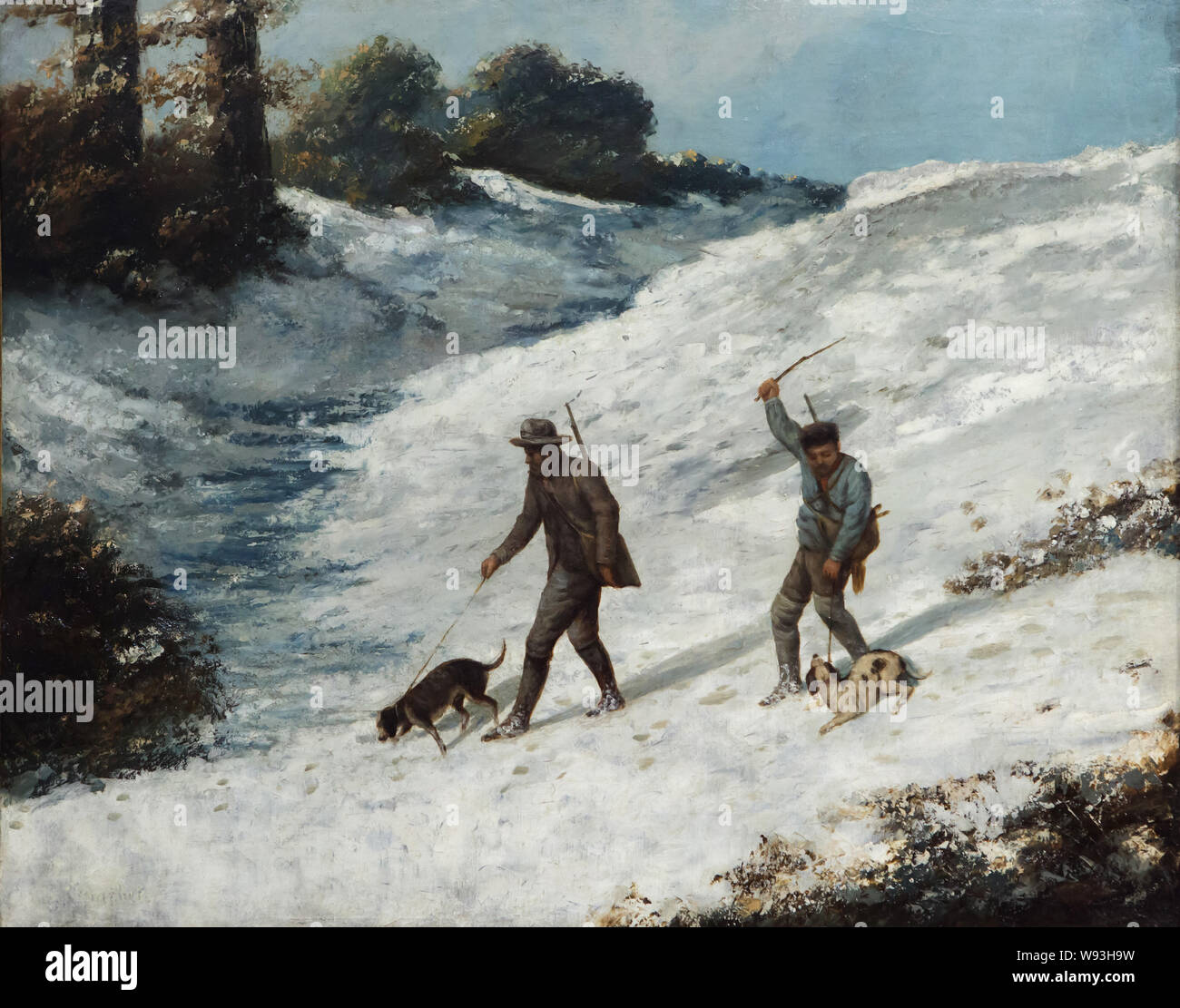 Painting 'Hunters in the snow' by French realist painter Gustave Courbet (1867) on display in the Museum of Fine Arts and Archaeology (Musée des Beaux-Arts et d'Archéologie de Besançon) in Besançon, France. Stock Photo
