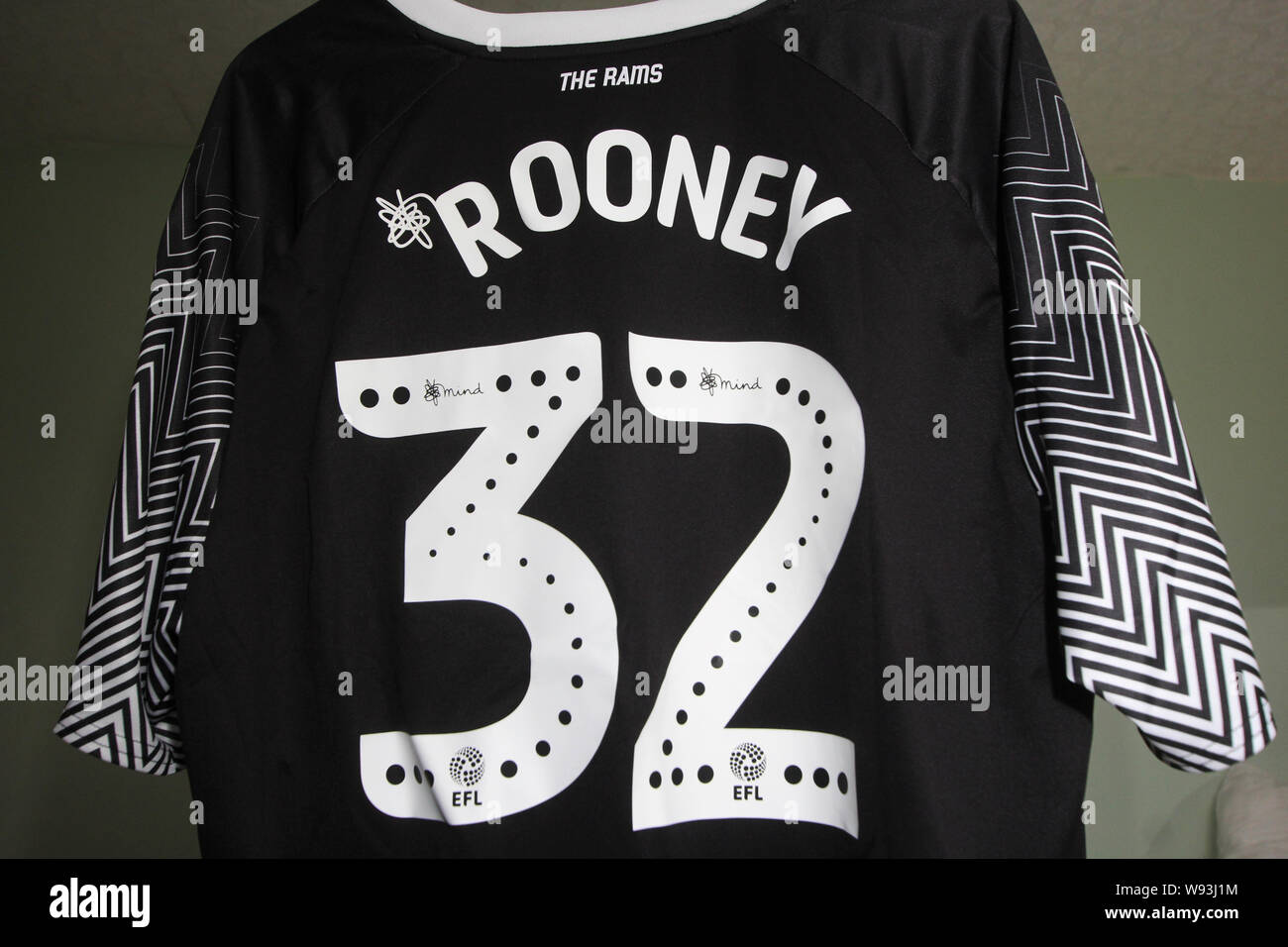 Derby County FC Official  Replica kit showing the Wayne Rooney Number 32 Shirt with Sponsors 32 Red. Also Skybet Championship logos. Stock Photo