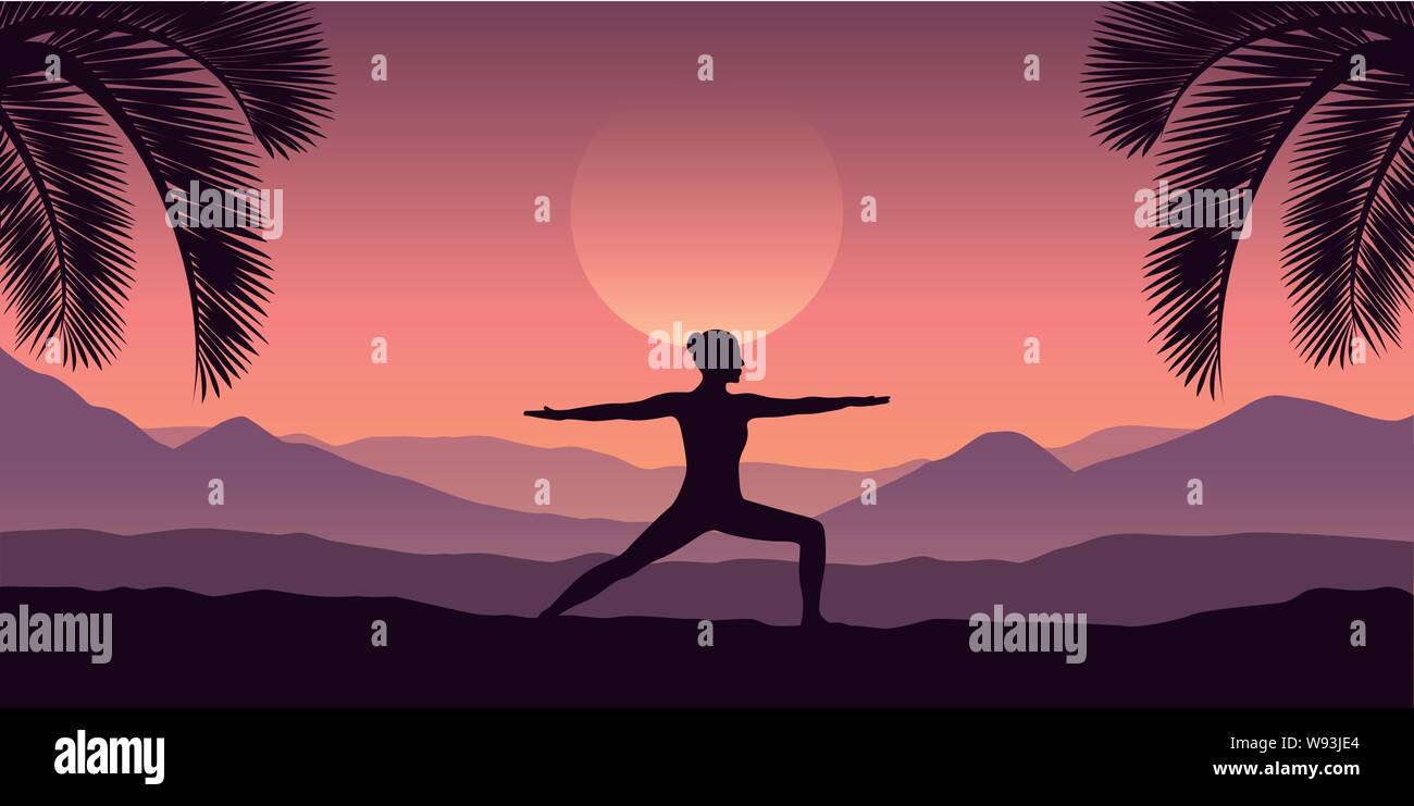 girl makes yoga at tropical red mountain landscape in purple colors vector illustration EPS10 Stock Vector