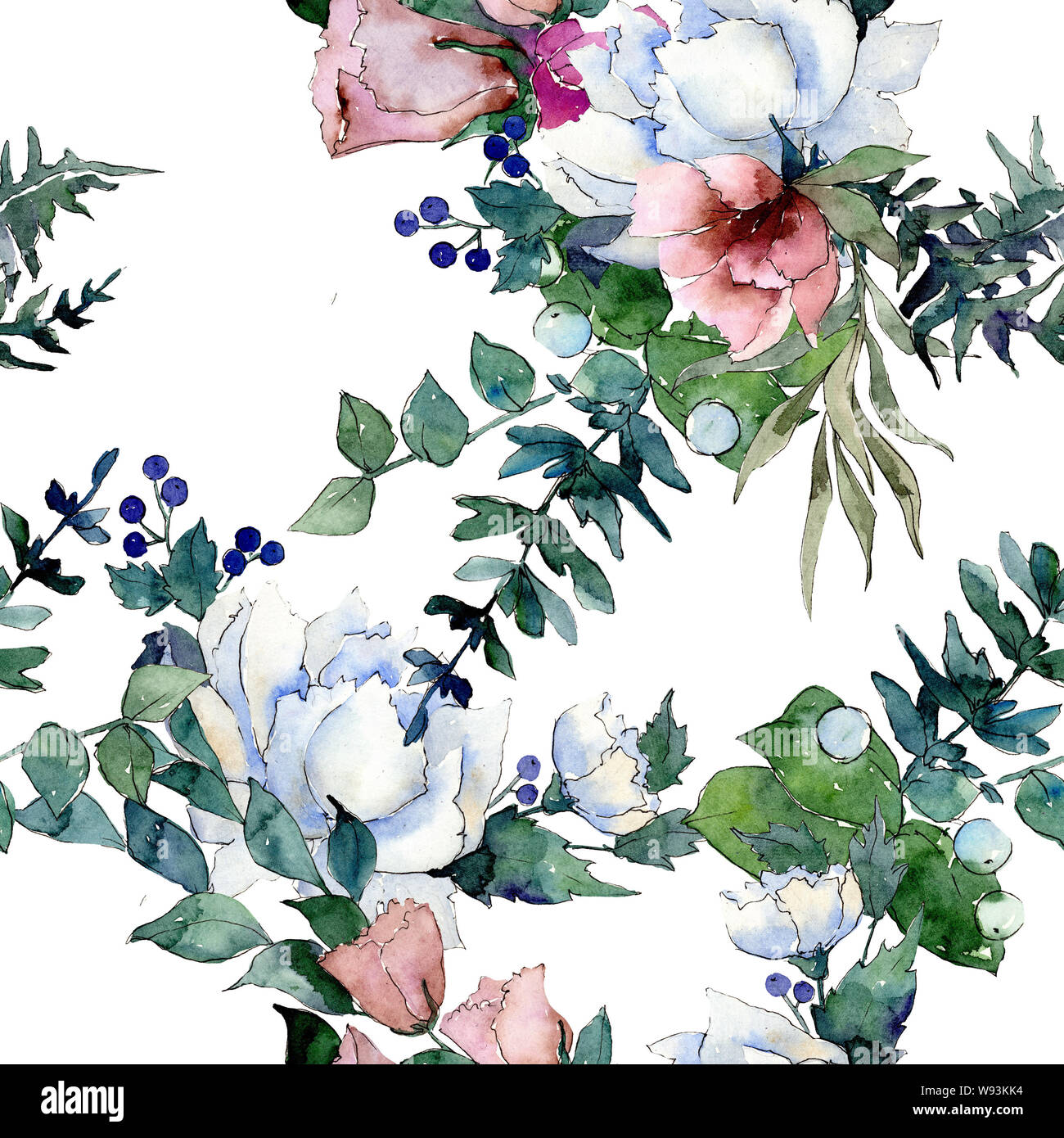 Bouquet floral botanical flowers. Wild spring leaf wildflower. Watercolor  illustration set. Watercolour drawing fashion aquarelle. Seamless  background Stock Photo - Alamy