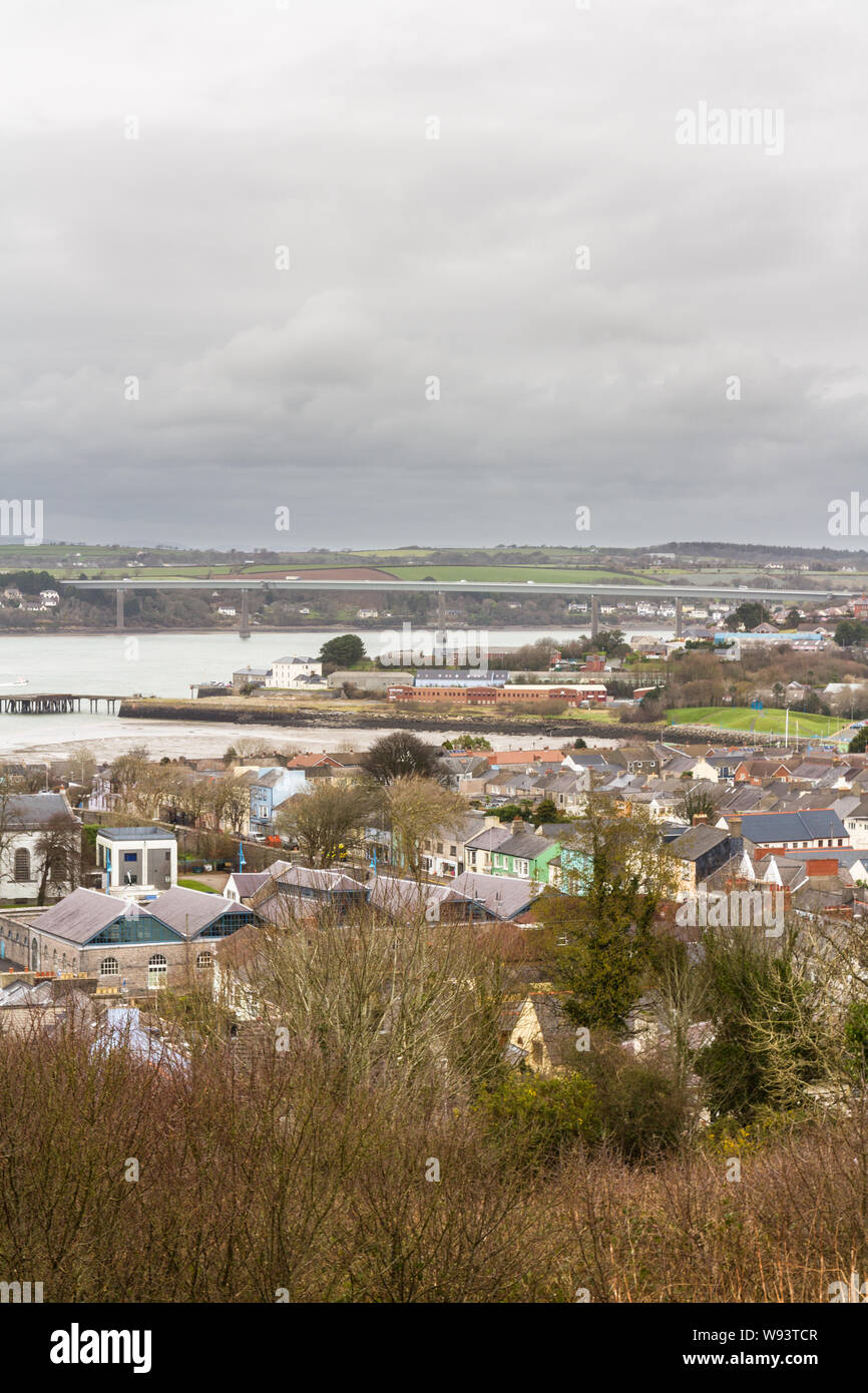 Looking down on town of Pembroke Dock. Pembrokeshire, Wales, United Kingdom, portrait. Stock Photo