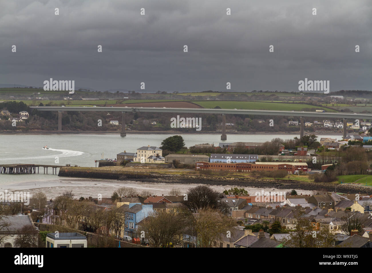 Looking down on town of Pembroke Dock. Pembrokeshire, Wales, United Kingdom, landscape. Stock Photo