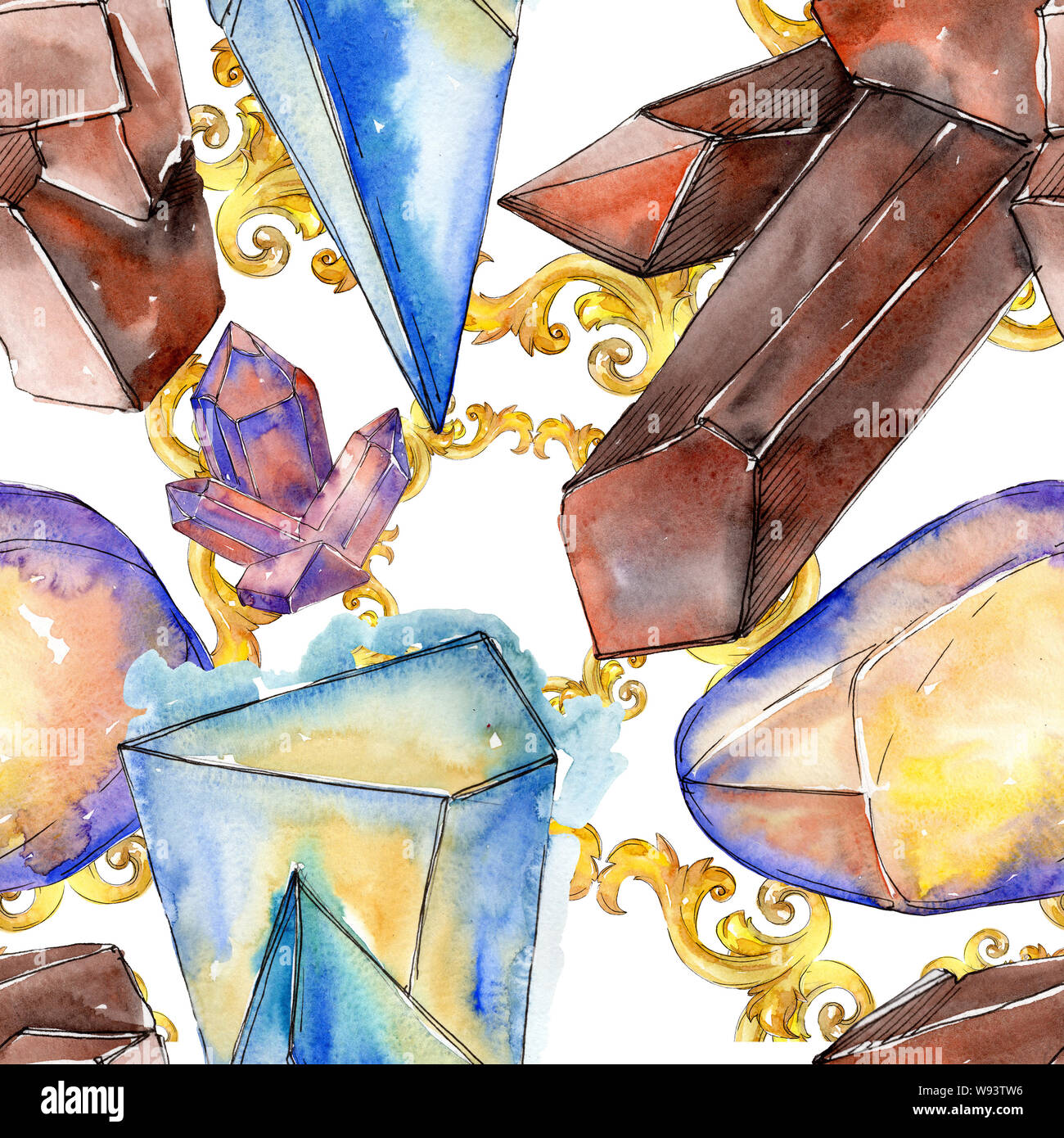 Colorful diamond rock jewelry minerals. Watercolor crystal stone background set. Seamless