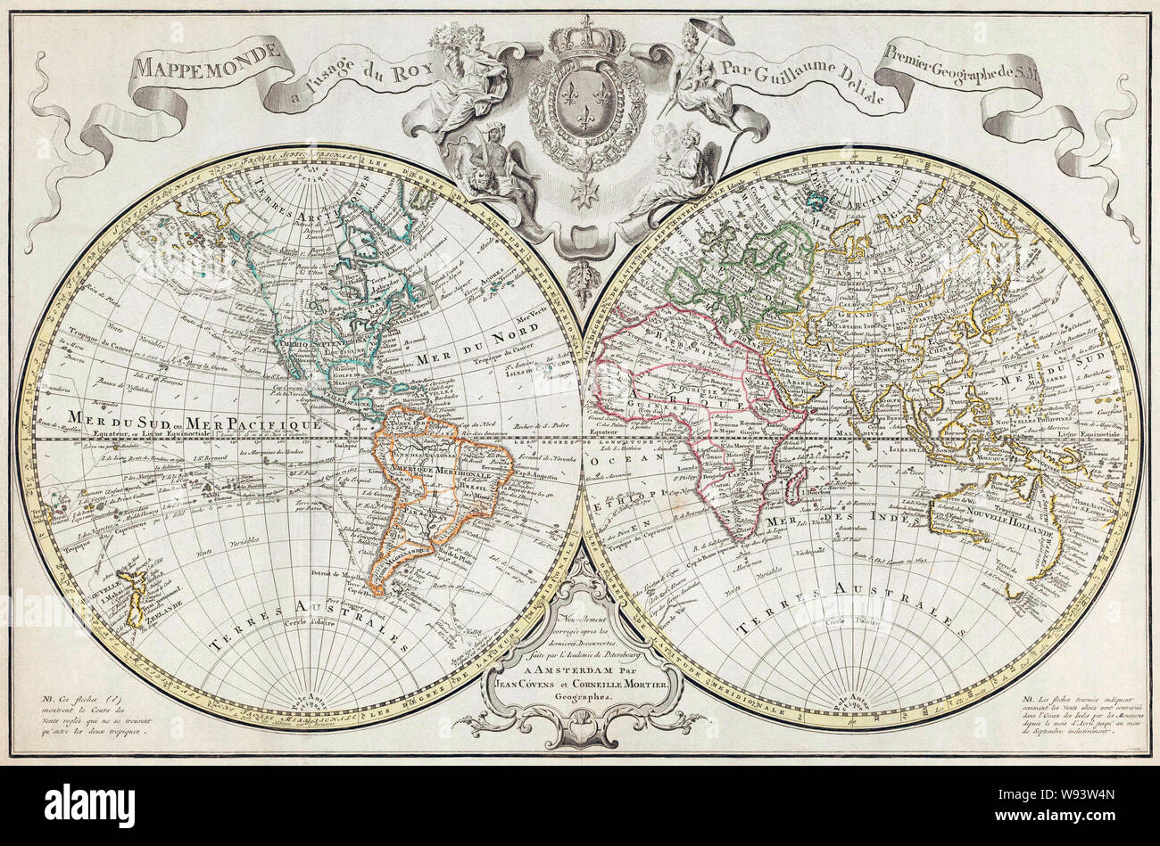 World Map.  A Dutch edition of Guillaume De L'Isle's double hemisphere map of the World first published in Paris in 1720.  It includes marked routes of major explorers.  This edition, dating from the second half of the 18th century incorporates new geographical knowledge, unknown at the time of the original publication. Stock Photo