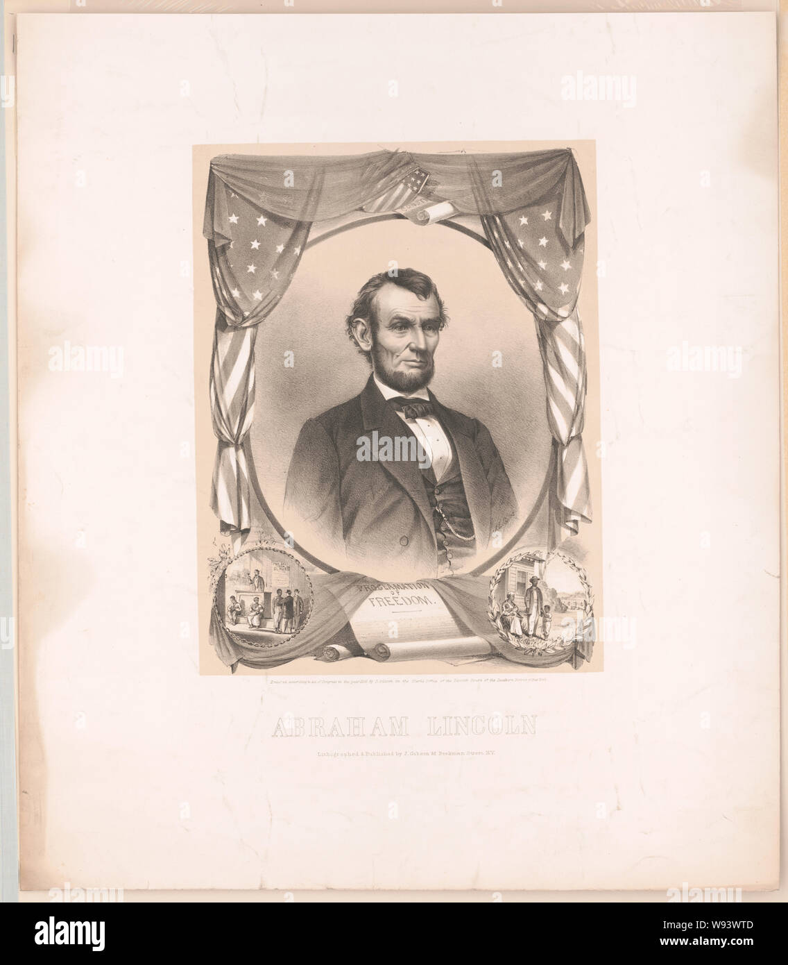 Abraham Lincoln Abstract: Print shows Abraham Lincoln, head-and-shoulders portrait, facing right, in oval draped with American flags, with vignettes in the lower corners, on the left shows a slave auction, and on the right shows emancipated slaves at bottom center are sheets of paper labeled Proclamation of Freedom. Stock Photo