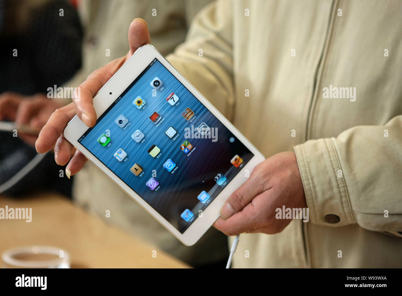 FILE--A customer tries out an iPad mini tablet PC at an Apple Store in  Shanghai, China, 7 December 2012. Apples iPad mini has become a bestseller  Stock Photo - Alamy