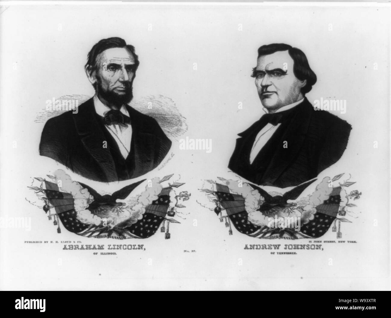 Abraham Lincoln of Illinois. Andrew Johnson of Tennessee. No. 37 Abstract: Print shows a campaign banner for the Republican ticket in the 1864 presidential election. It consists of facing bust portraits of Abraham Lincoln (left) and Andrew Johnson (right). Below each portrait is an identical emblematic vignette of an eagle holding lightning bolts and an olive branch and surrounded by flags and banners. Torches are visible below the eagle, alternating with flagstaffs. Stock Photo