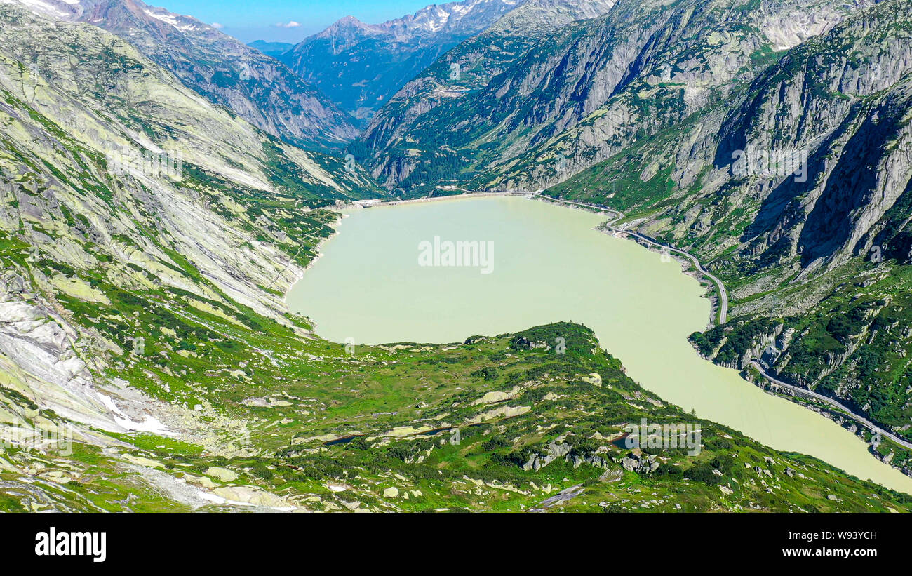 Aerial view over Glacier lakes in the Swiss Alps - Switzerland from ...