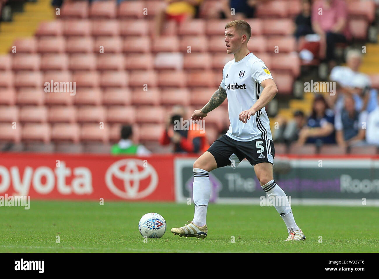 3rd August 2019, Oakwell, Barnsley, England; Sky Bet Championship, Barnsley vs Fulham ; Alfie Mawson (5) of Fulham with the ball   Credit: Mark Cosgrove/News Images  English Football League images are subject to DataCo Licence Stock Photo