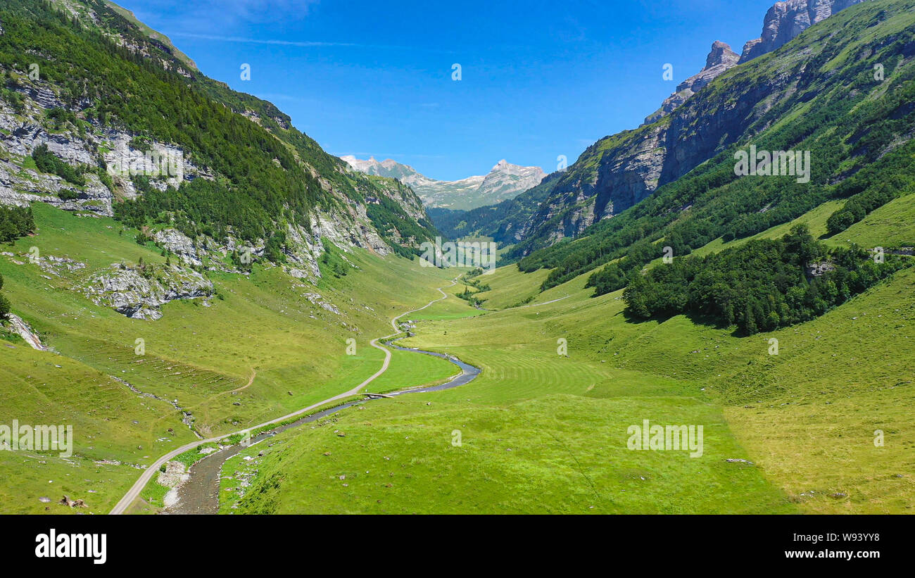 Beautiful valley in Switzerland - the Swiss Alps from above - aerial ...