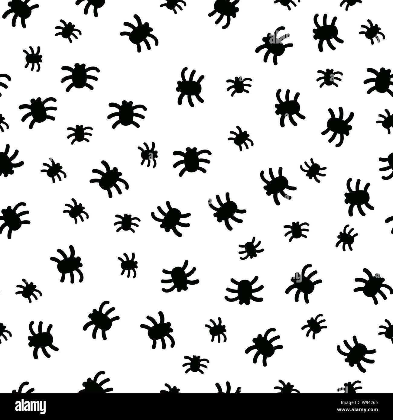 Black spiders seamless pattern for halloween surface decor. Vector small sign of scary insects. Stock Vector