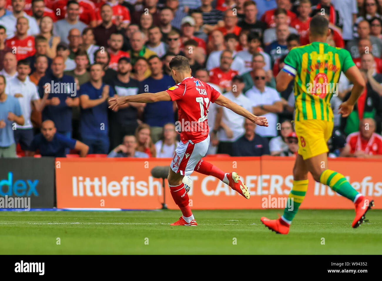 3rd August 2019, City Ground, Nottingham, England ; Sky Bet Championship, Nottingham Forest vs West Bromwich Albion :  Matty Cash (11) of Nottingham Forest  scores to make it 1-0  Credit: Craig Milner/News Images  English Football League images are subject to DataCo Licence Stock Photo
