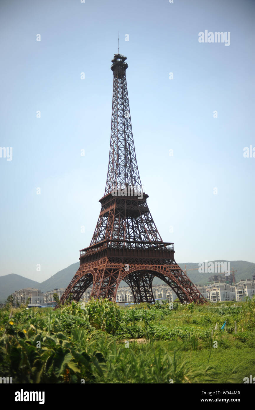The half-sized copy of the Eiffel Tower is pictured at Tianducheng, a small Chinese community replicating Paris, in Hangzhou city, east Chinas Zhejian Stock Photo