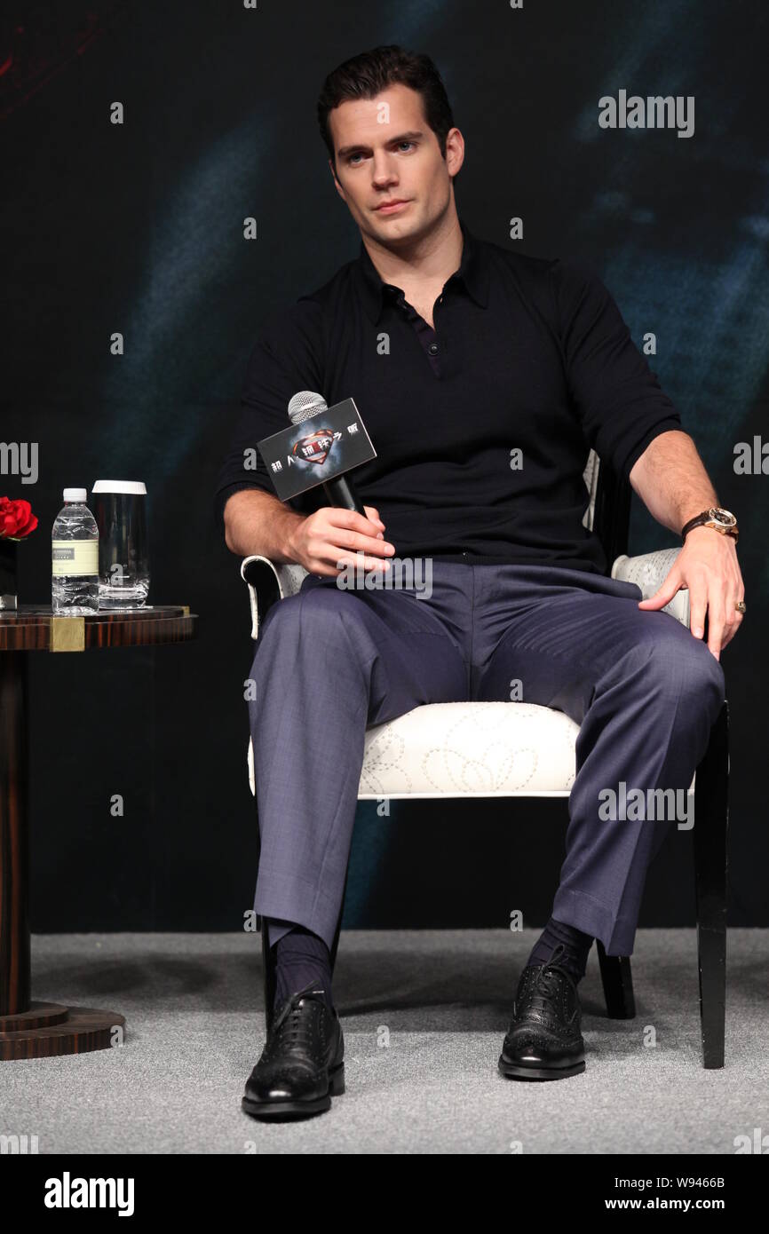 British actor Henry Cavill listens to a question at a press conference of the new movie, Man of Steel, during the 16th Shanghai International Film Fes Stock Photo