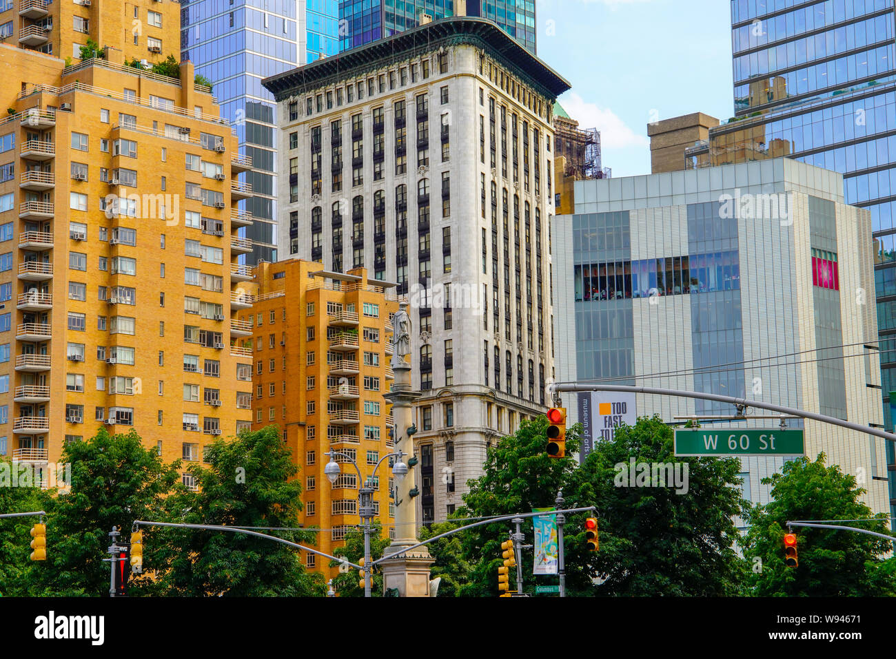 Street view of Manhattan from Columbus Circle, 60th st. and Broadway, New York City Augusti 2019. USA. Stock Photo