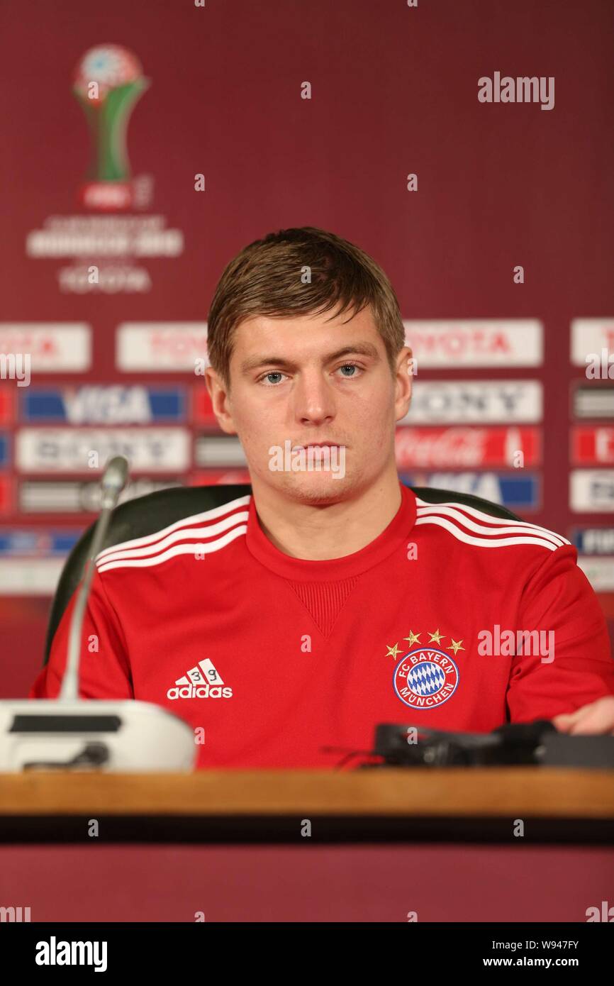 Toni Kroos of Germanys Bayern Munich looks on at a press conference during the 2013 FIFA Club World Cup in Agadir, Morocco, 16 December 2013.   Bayern Stock Photo