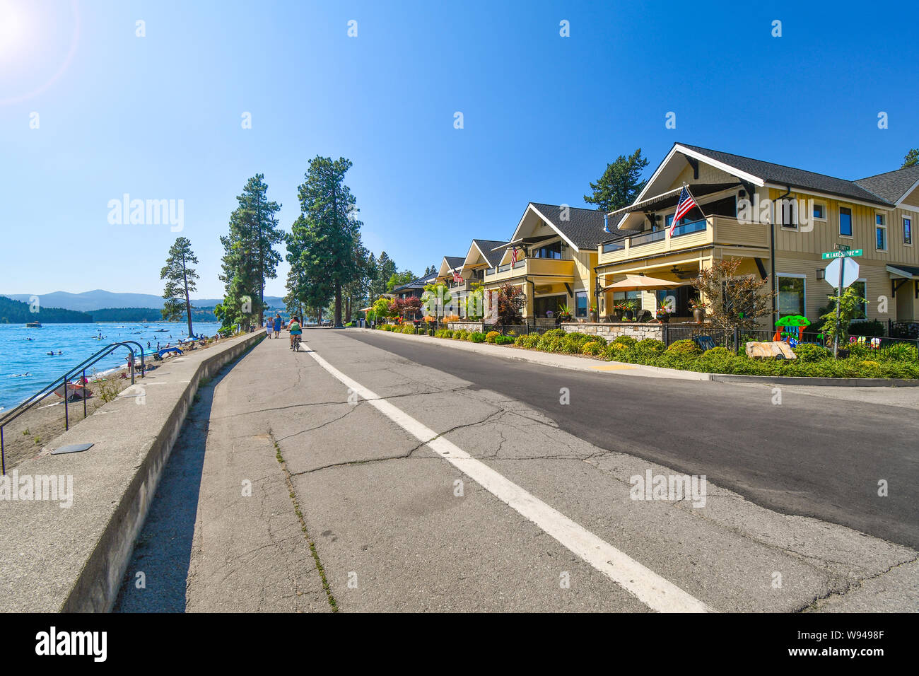 A waterfront high end luxury townhome complex across the street from Lake Coeur d'Alene, in the mountain resort city of Coeur d'Alene, Idaho. Stock Photo