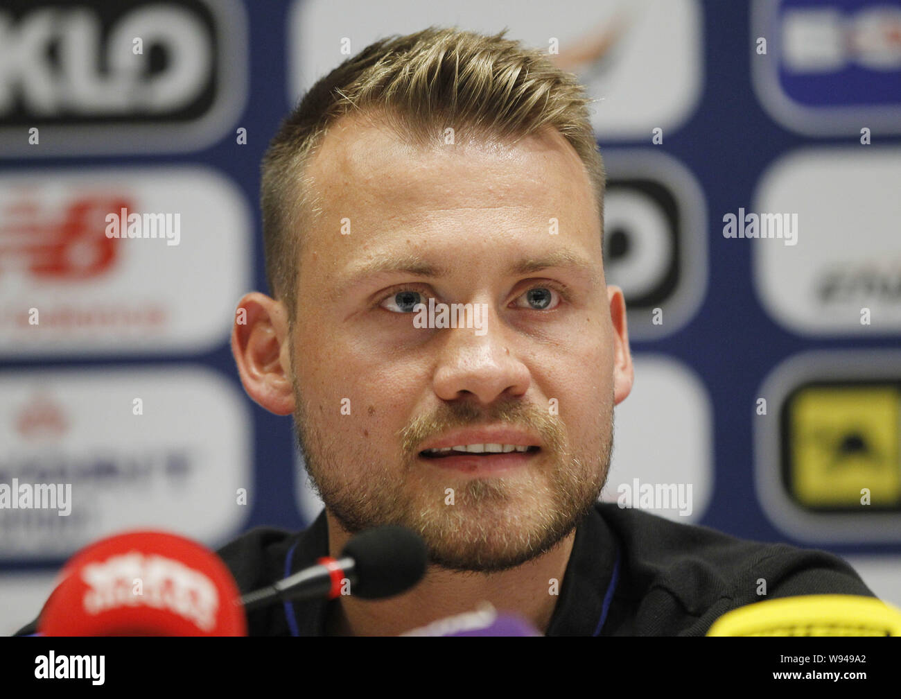 Kiev, Ukraine. 12th Aug, 2019. Club Brugge goalkeeper SIMON MIGNOLET speaks during a press conference at the Olimpiyskiy stadium, in Kiev, Ukraine, 12 August 2019. Club Brugge will face FC Dynamo Kyiv during the UEFA Champions League third qualifying round second leg football match at the Olimpiyskiy stadium in Kiev on 13 August 2019. Credit: Serg Glovny/ZUMA Wire/Alamy Live News Stock Photo