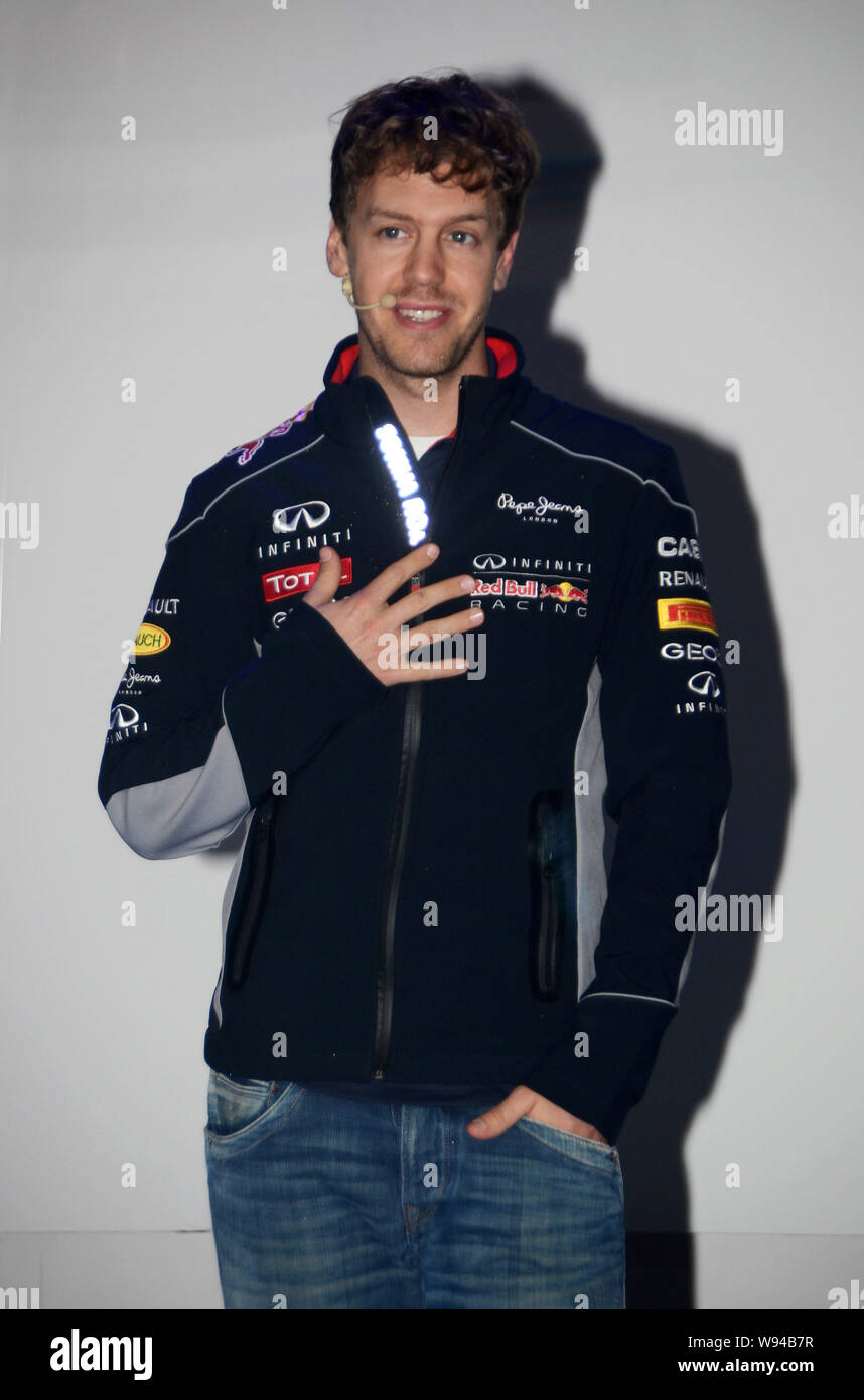 German F1 racer Sebastian Vettel of Red Bull Racing talks during a  promotion held by Infiniti in Shanghai, China, 10 April 2013 Stock Photo -  Alamy