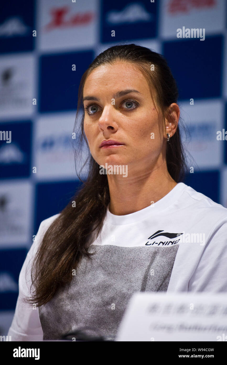 Russian pole vault athlete Yelena Isinbayeva reacts during the press