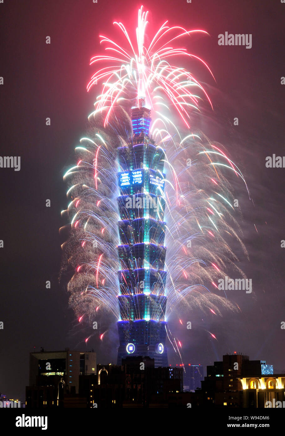 Fireworks explode on the Taipei 101 during a New Year