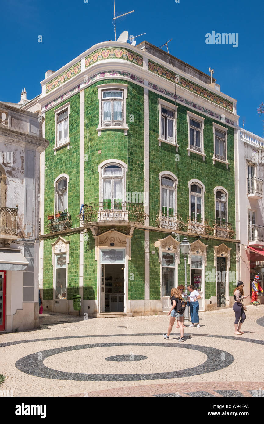 Distinctive green-tiled building in Praca Luis de Camoes in the Algarve town of Lagos in Portugal Stock Photo