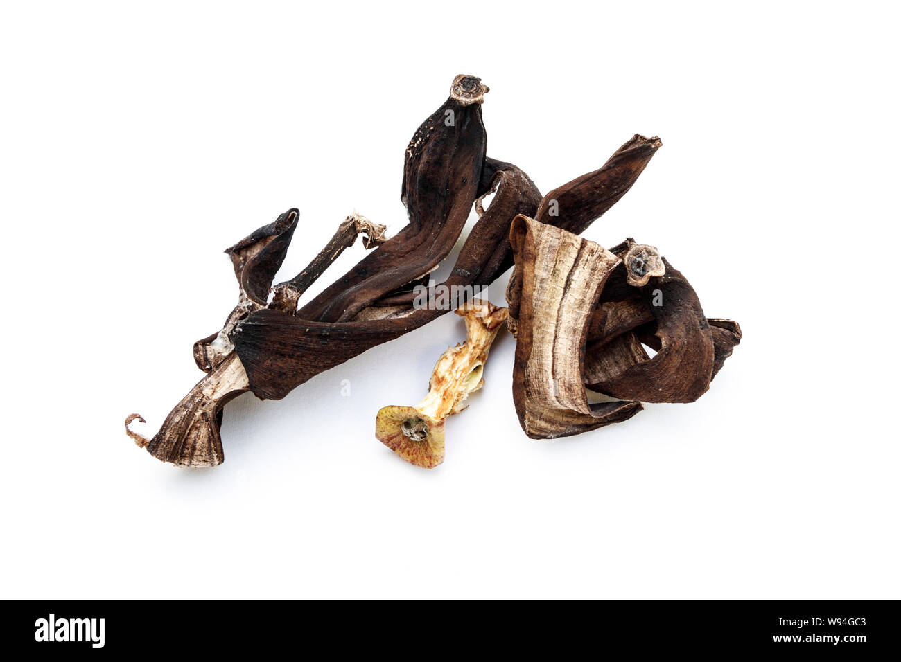 Dried and mouldy apple core and banana skin on a white background Stock Photo