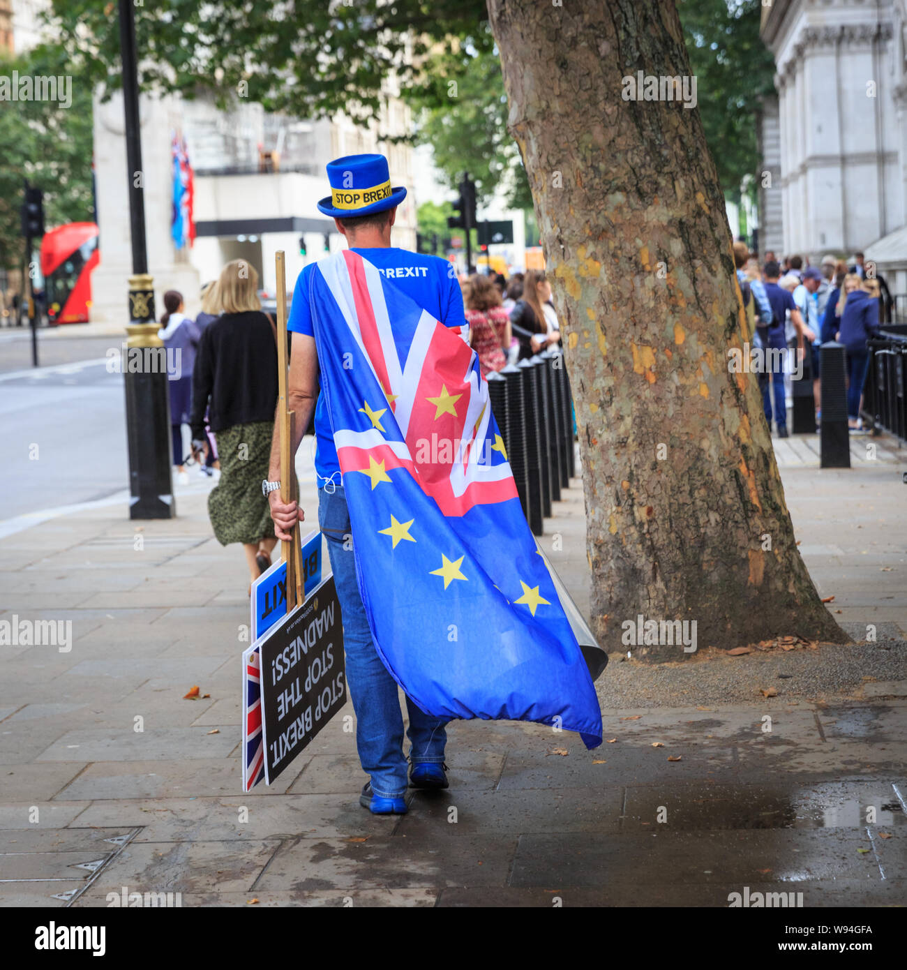 Pro European, anti-Brexit protester Steven Bray, Westminster's Stop Brexit Man walks with flags and placards, London Stock Photo