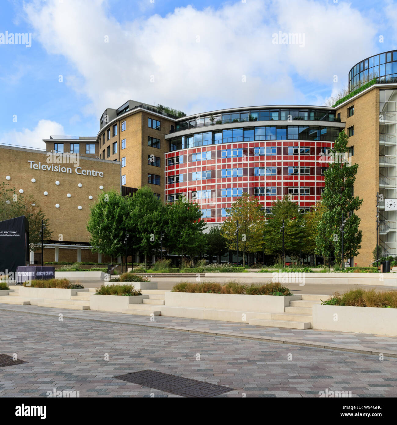 Television Centre building complex in White City,  previous headquarters of BBC TV, now a residential apartments development, London, UK Stock Photo