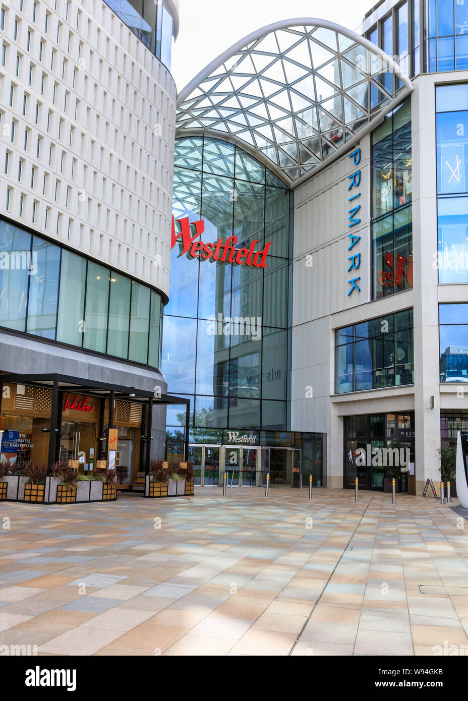 Exteropr view of Westfield Shopping Centre facade and entrance with logo and sign, White City, West London, UK Stock Photo