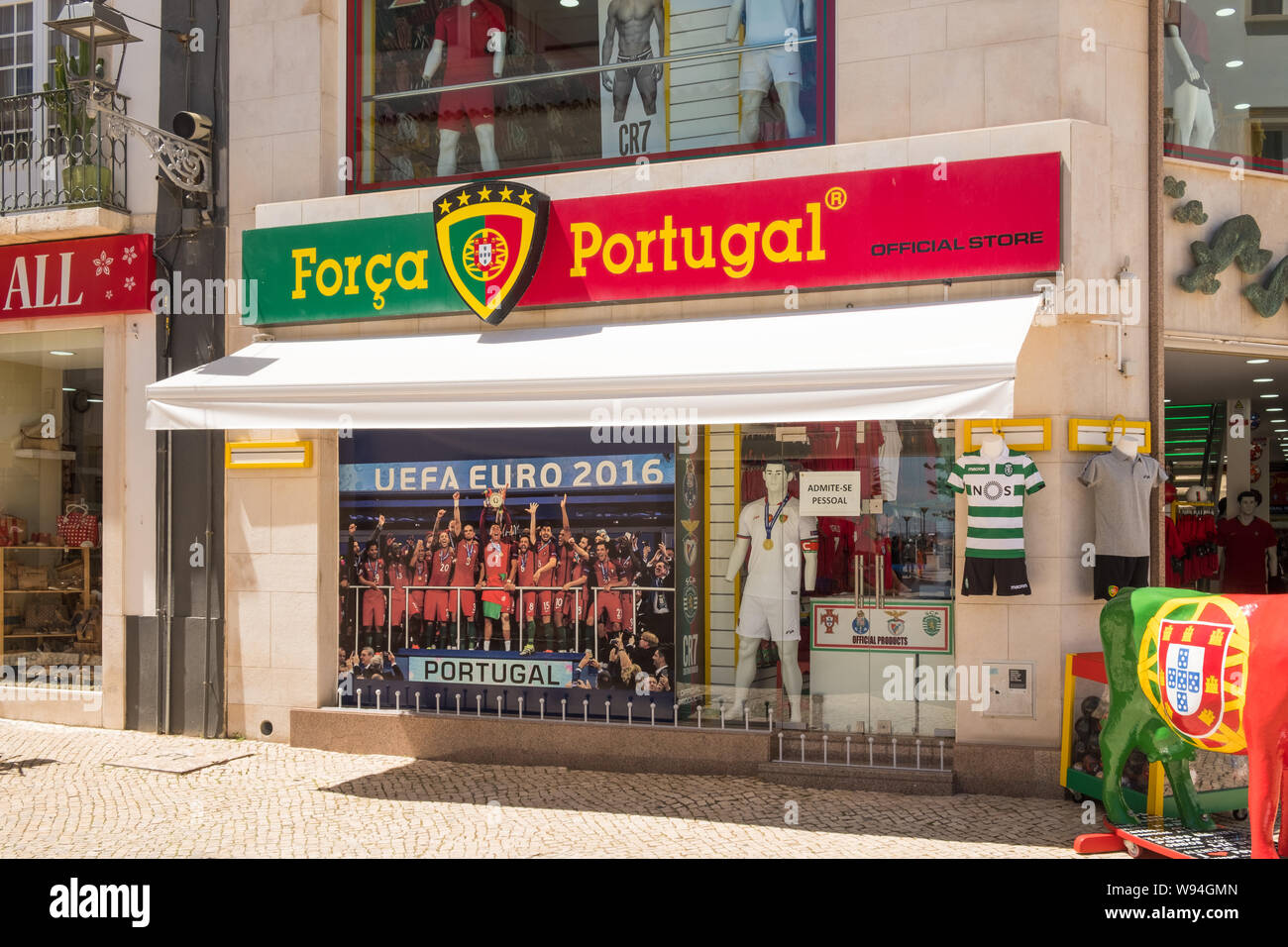 Forca Portugal shop selling Portugal national football team memorabilia and kit in the Algarve town of Lagos in Portugal Stock Photo