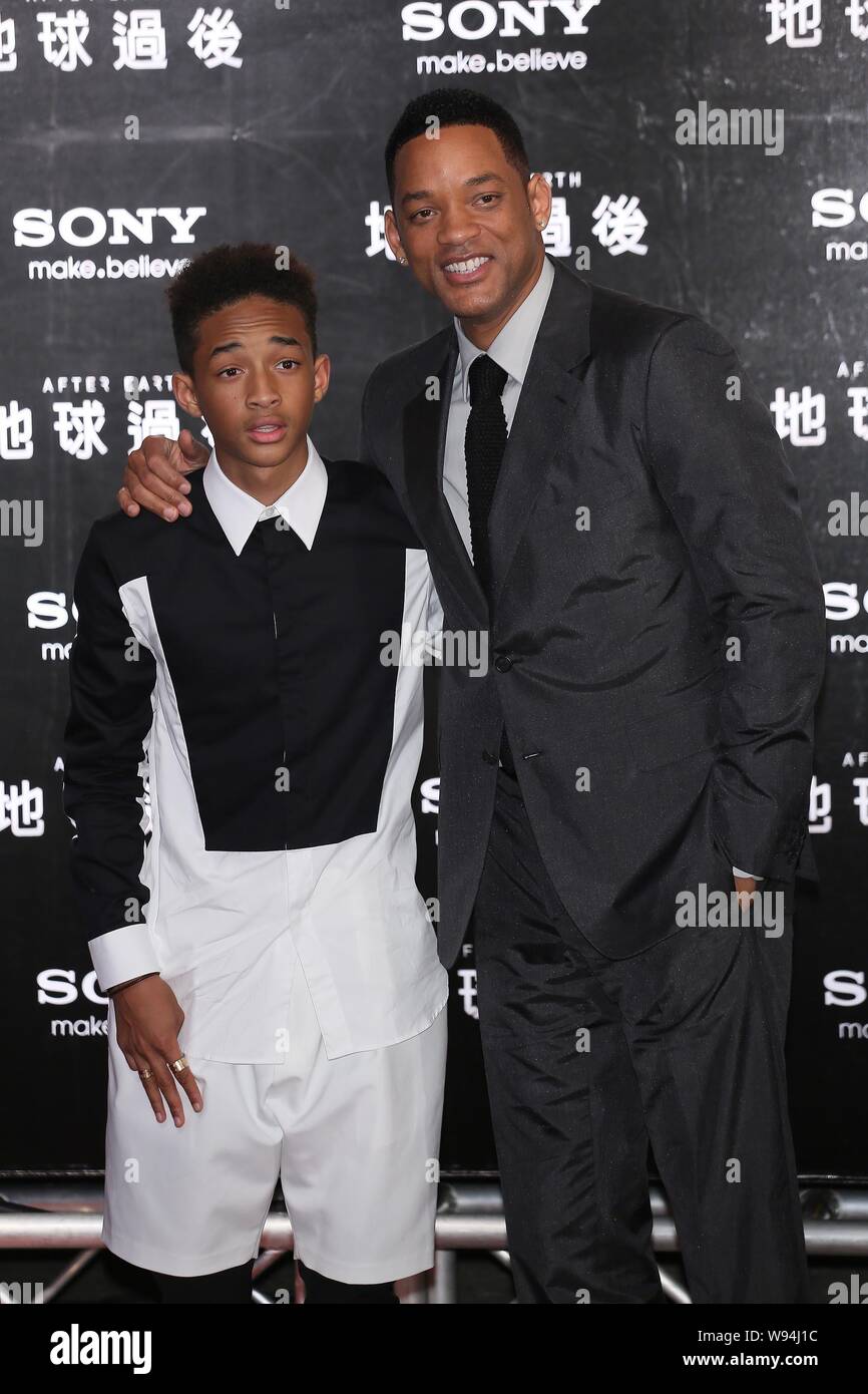 American actor Will Smith (right) and his son Jaden Smith pose during a press conference for their latest movie, After Earth,  in Taipei, Taiwan, 3 Ma Stock Photo