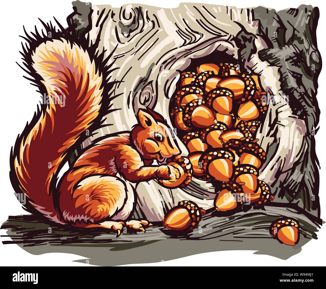 Squirrel saving with a pile of acorns overflowing out of a hole in the tree as the squirrel with a long furry tail holds a single nut close to his che Stock Vector