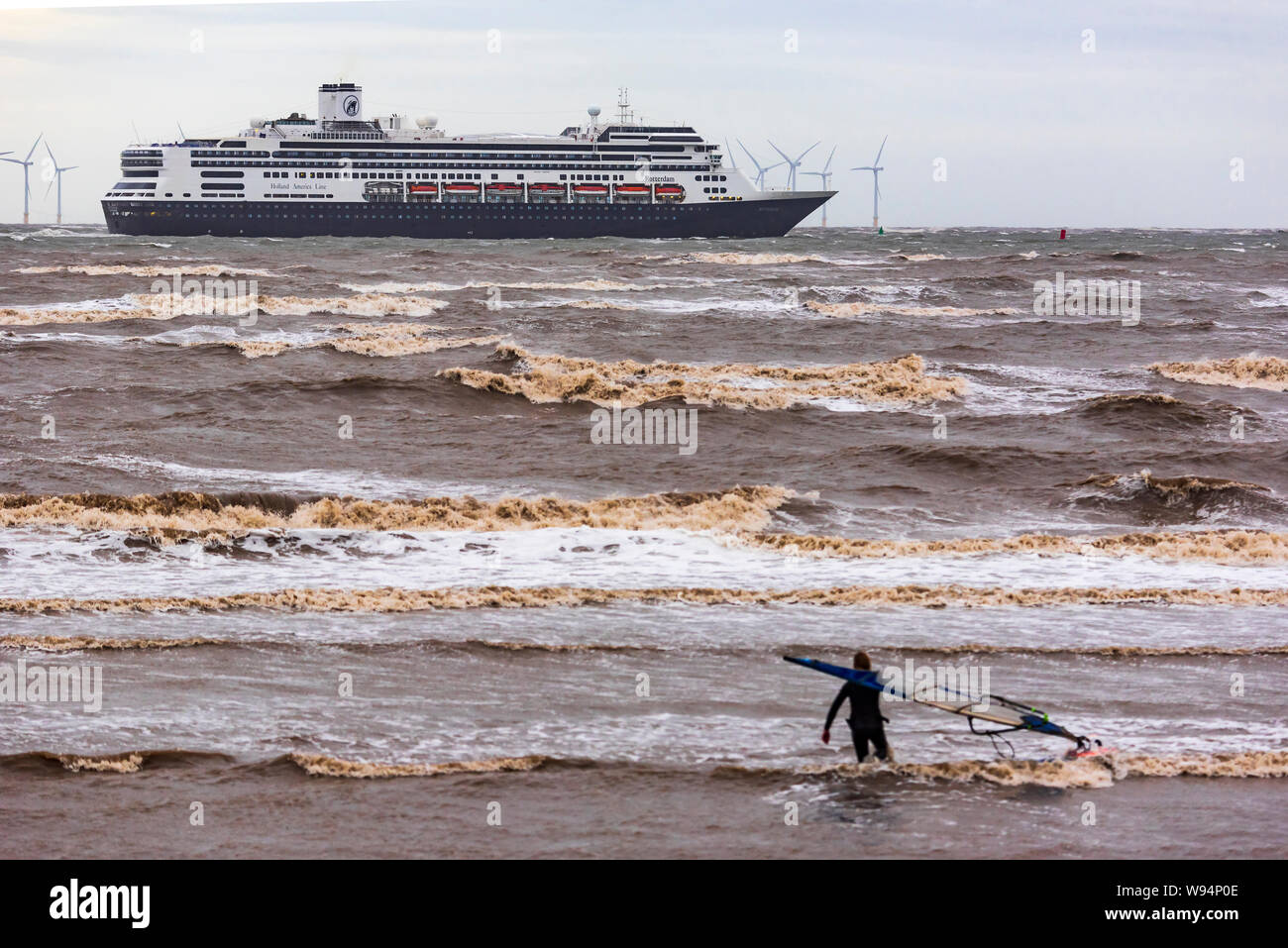 MS Rotterdam at Crosby beach on a stormy day. Stock Photo