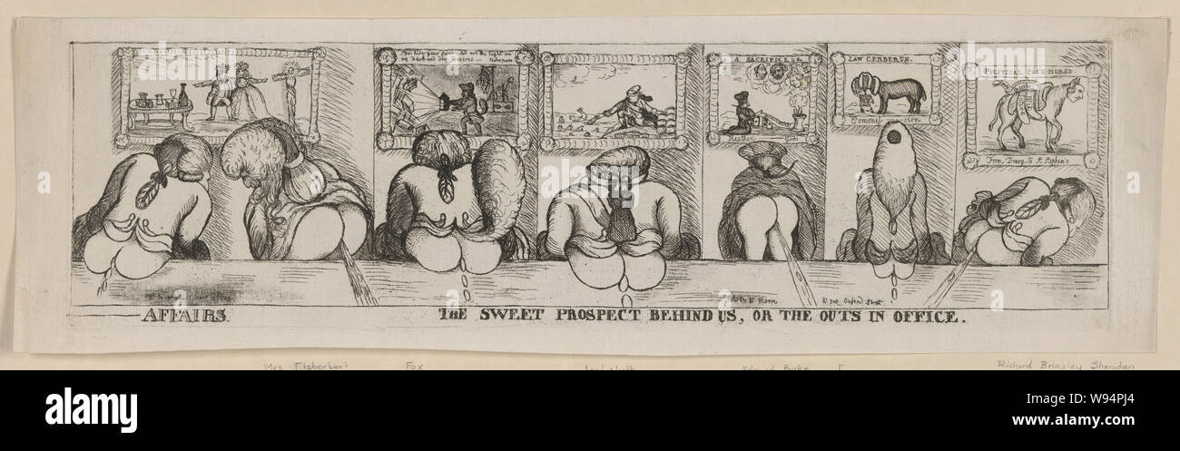 -Affairs. The sweet prospect behind us, or The outs in office Print shows rear views of the Prince of Wales, Maria Fitzherbert, Charles James Fox, Lord North, Edmund Burke, a prospective Lord Chancellor, and Richard B. Sheridan, with buttocks exposed, defecating. On the wall in the background are paintings depicting each of the sitters. Stock Photo