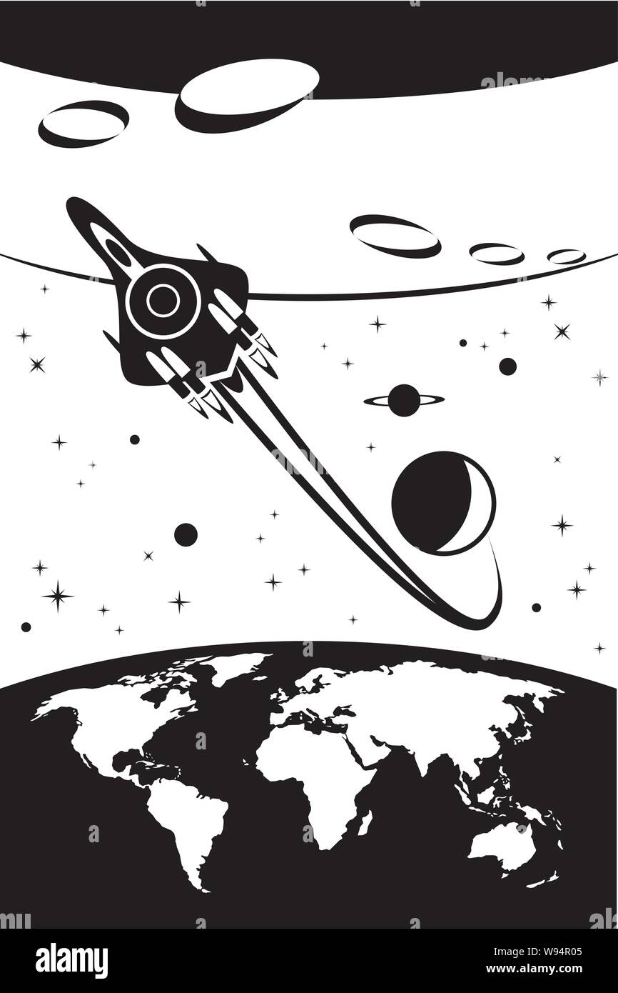 Spaceship travelling between Earth and Mars - vector illustration Stock Vector