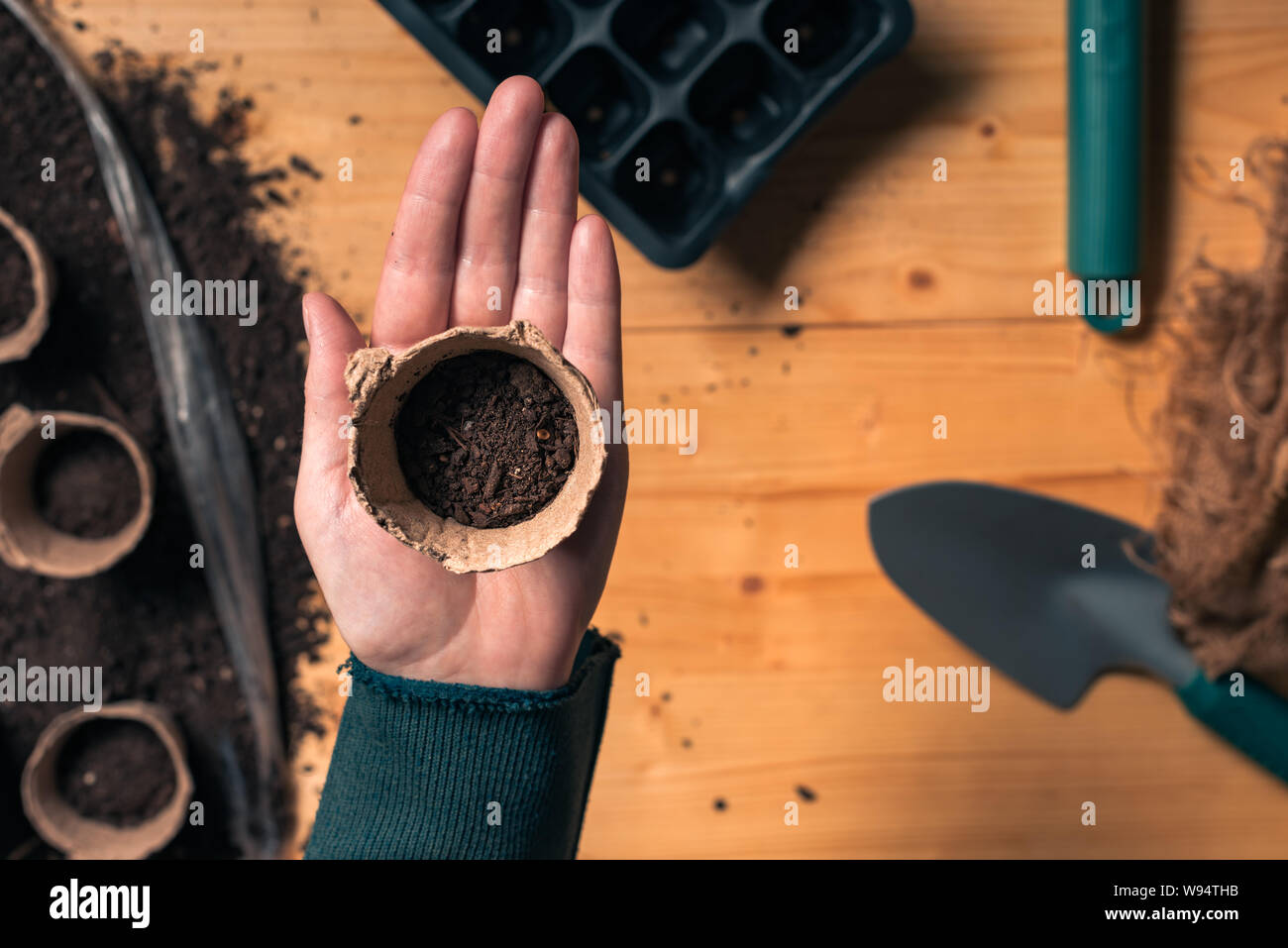 Gardener with biodegradable soil pot container in hands directly above the table with organic farming and gardening equipment for homegrown food produ Stock Photo